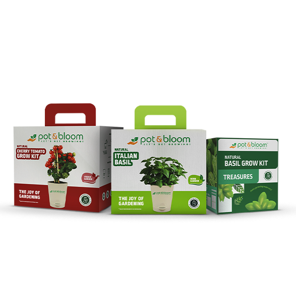 Pot & Bloom grow kits with seeds, pot mix and tools
